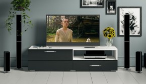 Тумба под ТВ Ларго 1,4, цвет корпус белый/фасады МДФ чёрный глянец, ШхГхВ 140х46х35 см., НЕ универсальная сборка в Урае - uray.mebel24.online | фото 12